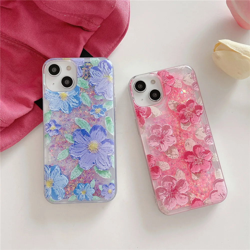 

Lovebay Fashion Night Light Luminous Phone Case For iPhone 14 12 13 11 Pro Max 14Plus Soft Oil Painting Flower Back Bumper Cover