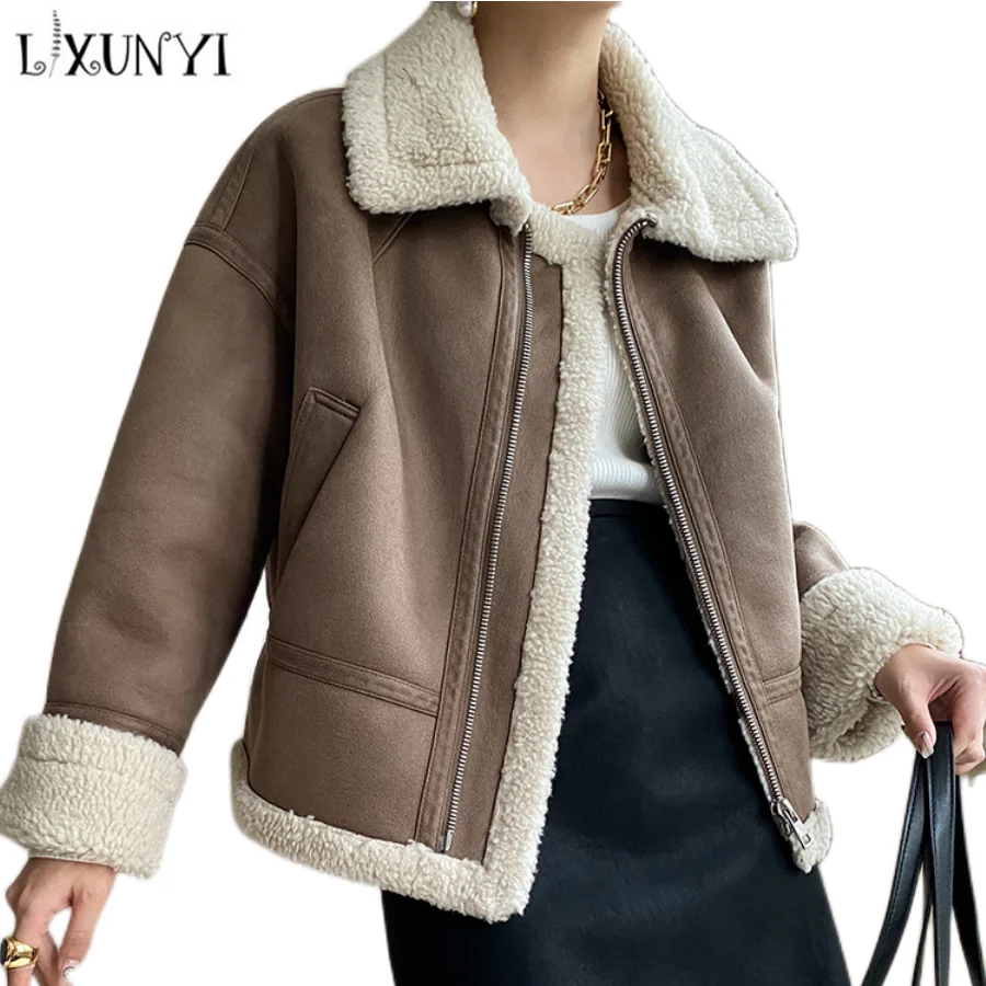 LXUNYI Shearling Jacket Women Oversized Winter 2022 motorcycle Thick Warm Long Sleeve Loose Fur Coat Fleece Zipper jackets