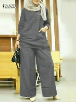 vintage woman spring blouses traksuits zanzea 2022 long sleeve tops and elastic waist pants female solid top muslim sets 2pcs