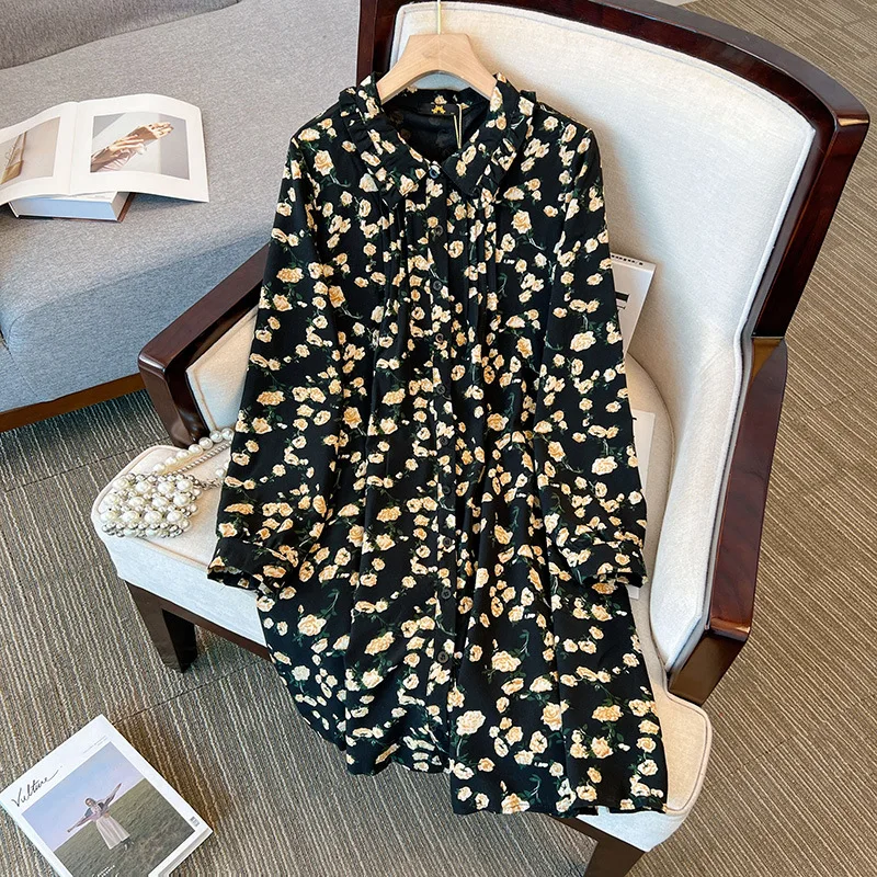 

Retro Long Sleeve Slim Floral Dresses Large Size Women's Clothing 2023 Spring Autumn New Elegant Chiffon Dress AC31