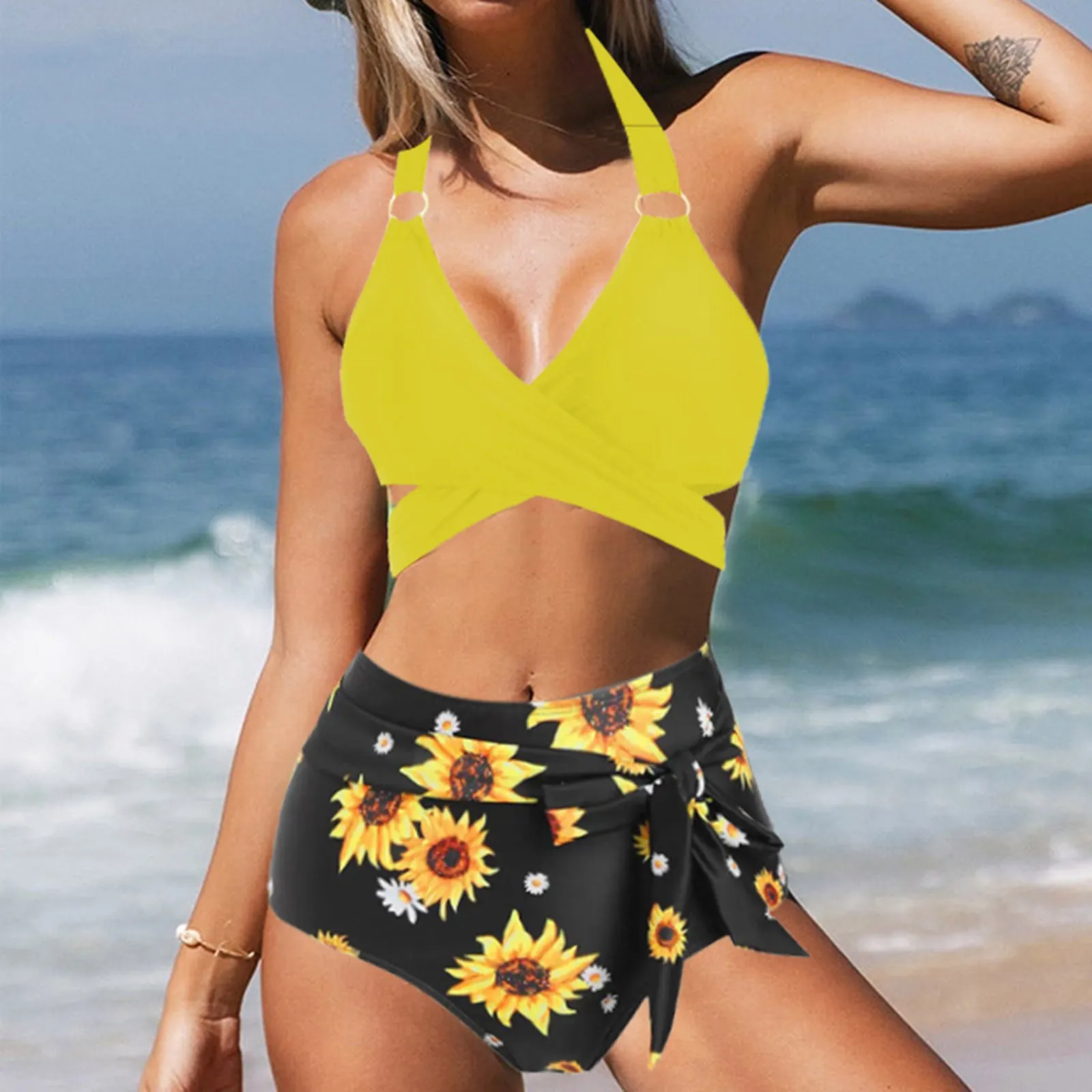 

Женский купальник-бикини с перекрестной шнуровкой спереди, купальный костюм из двух предметов, женский купальник, Размер 14