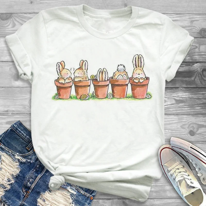 

Rabbit Plant Flower New Lovely Women Clothes Cartoon Clothing Fashion Short Sleeve Print Tshirt Female Top Graphic Tee T-shirt