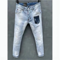 new mens skinny jeans with ripped holes and elastic paint spray blue stitching beggar pants dsq030