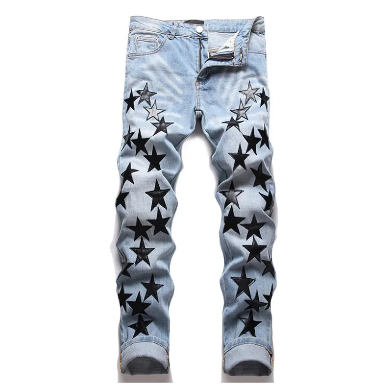 

Harakuju Star Patches Streetwear Casual Jeans Pants Washed Slim Fit Hip Hop Denim Trousers For Male Blue