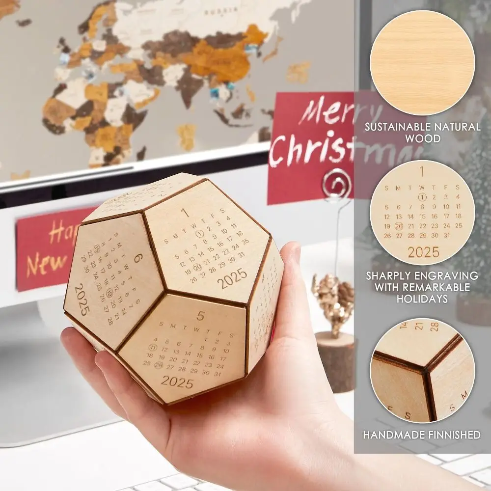 Новый деревянный календарь Dodecahedral Cube на 2025 год декоративный настольный блок