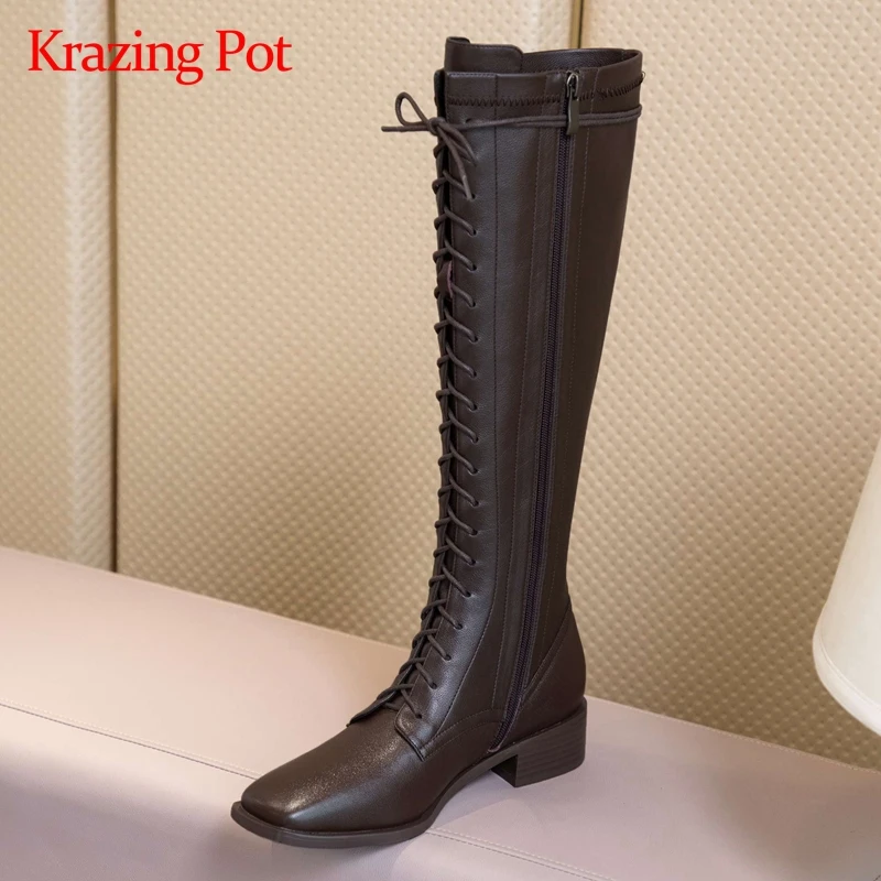 

Krazing pot genuine leather square toe med heel cross-tied riding boots young lady daily wear fashion modern knee-high boots L44