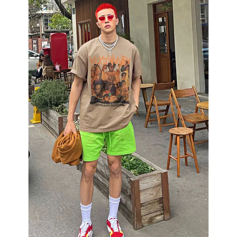 

American Retro Hip Hop Character Printed Cotton T-shirt Men's Ins Fashion Brand Summer High Street Loose Oversize Short Sleeve