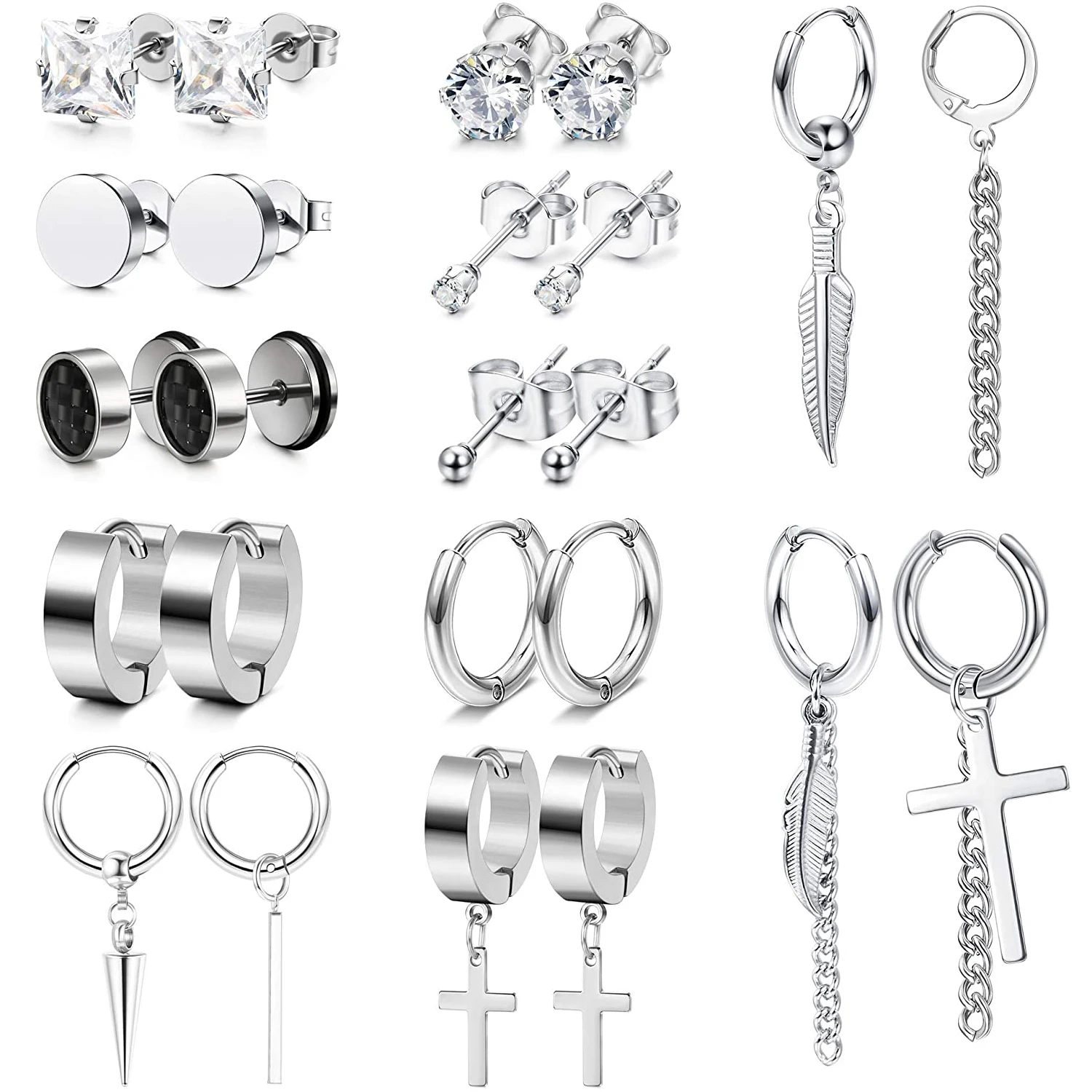 

12 Pairs Silver Earrings Men Stud Hinged Hoop Earrings Stainless Steel CZ Cross Feather Dangle Earrings Long Chain Kpop Jewelry