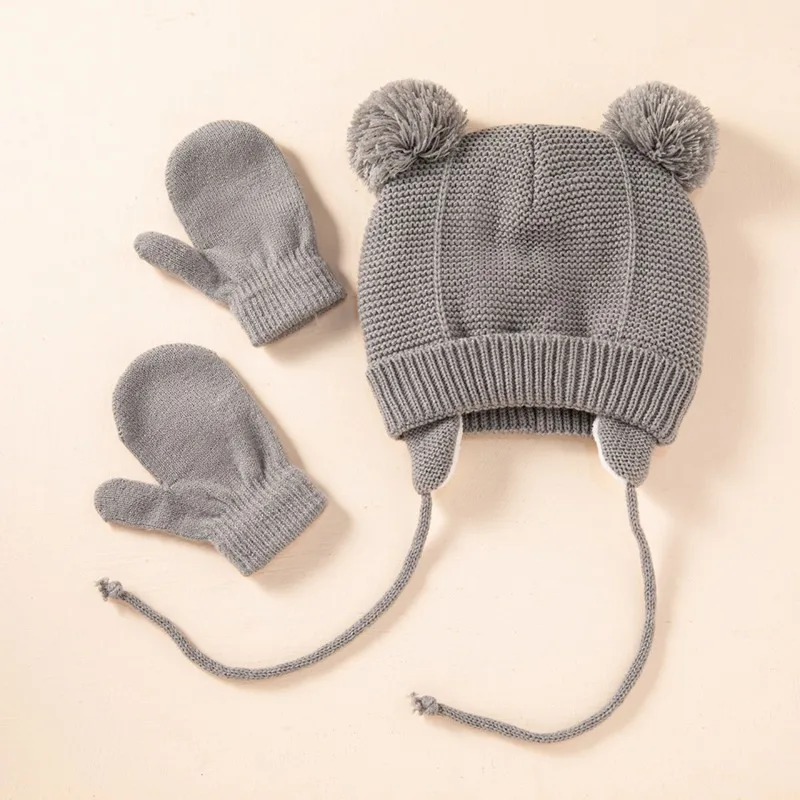

2022 New Baby Kids Girls Boys Winter Warm Knit Hat Ear Solid Warm Cute Glove 2pcs Lovely Beanie Cap With Hair Ball 1-4Years