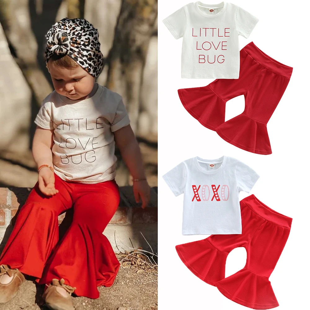 

Valentine's Day Fashion Newborn Baby Girls Summer Clothes Sets 0-3Y Cotton Letter Print Short Sleeve T-shirts+Ribbed Flare Pants