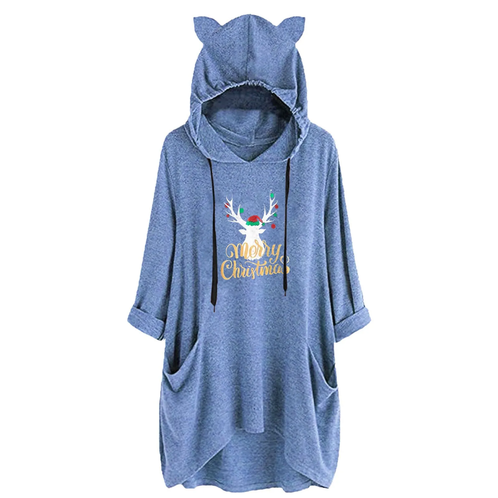 

Half Sweatshirts for Women Loose Ears Hat Hooded Top Women's Christmas Casual Long Sleeve Cute Womens Sweatshirt Extra Large