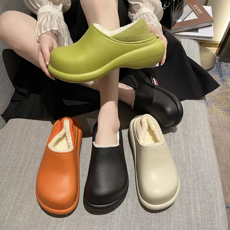 

NEW 2023 Winter Leather Waterproof Slippers Warm Men Shoes Women Couples Non-Slip Plush Cotton Indoor Outdoor Cozy Home Autumn F