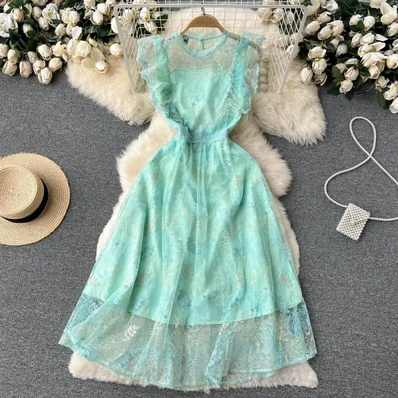 

WEIHAOBANG 2022 Summer Women's New Mesh Round Neck Sleeveless High Waist Casual Dress Slim Fit Medium Length A-line Skirt