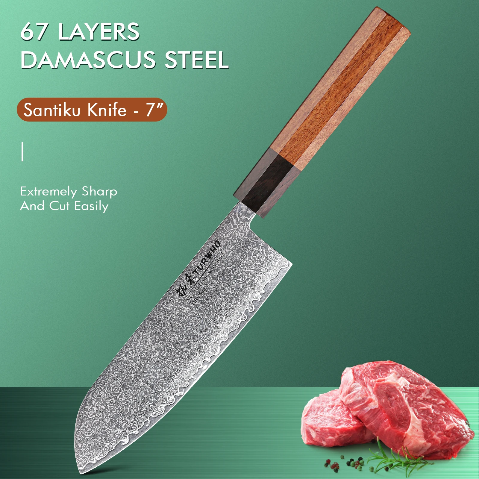 

Японский ручной Кованый нож Santoku, кухонные ножи из дамасской стали, 7 дюймов, 67 слоев