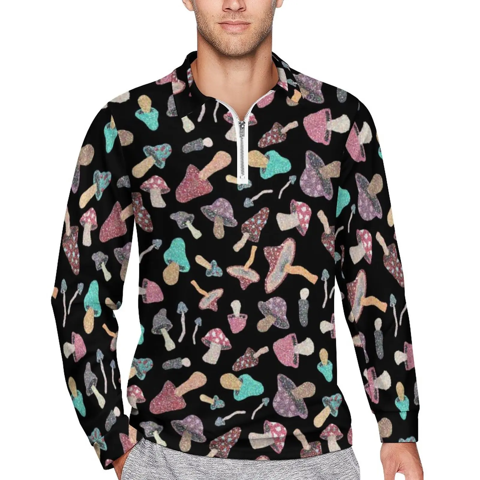 

Cute Mushroom Loose Polo Shirts Man Fungus Print Long Sleeves Casual T-Shirts Cool Autumn Pattern Shirt Plus Size