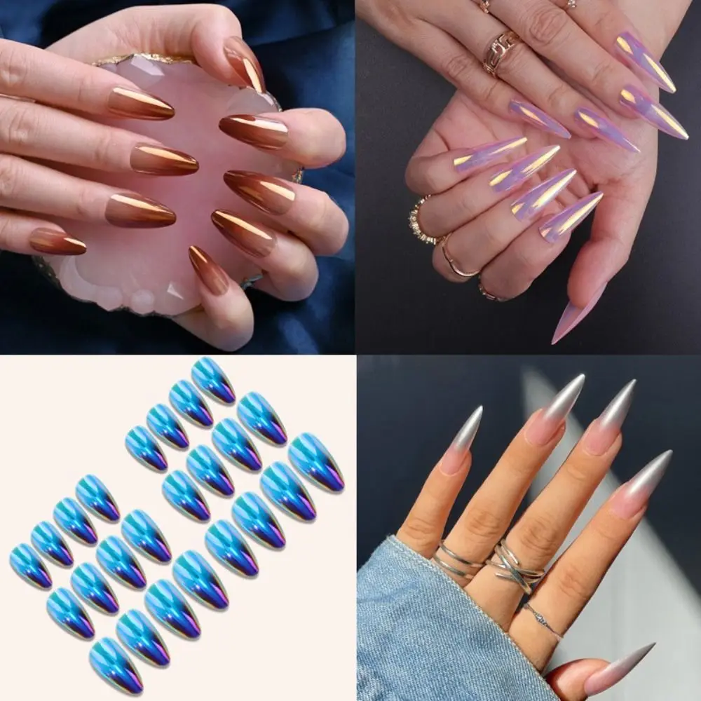 

24pcs Nail Tips Gradient Full Cover Press on Nails Mirror Aurora Long Fake Nails French Almond