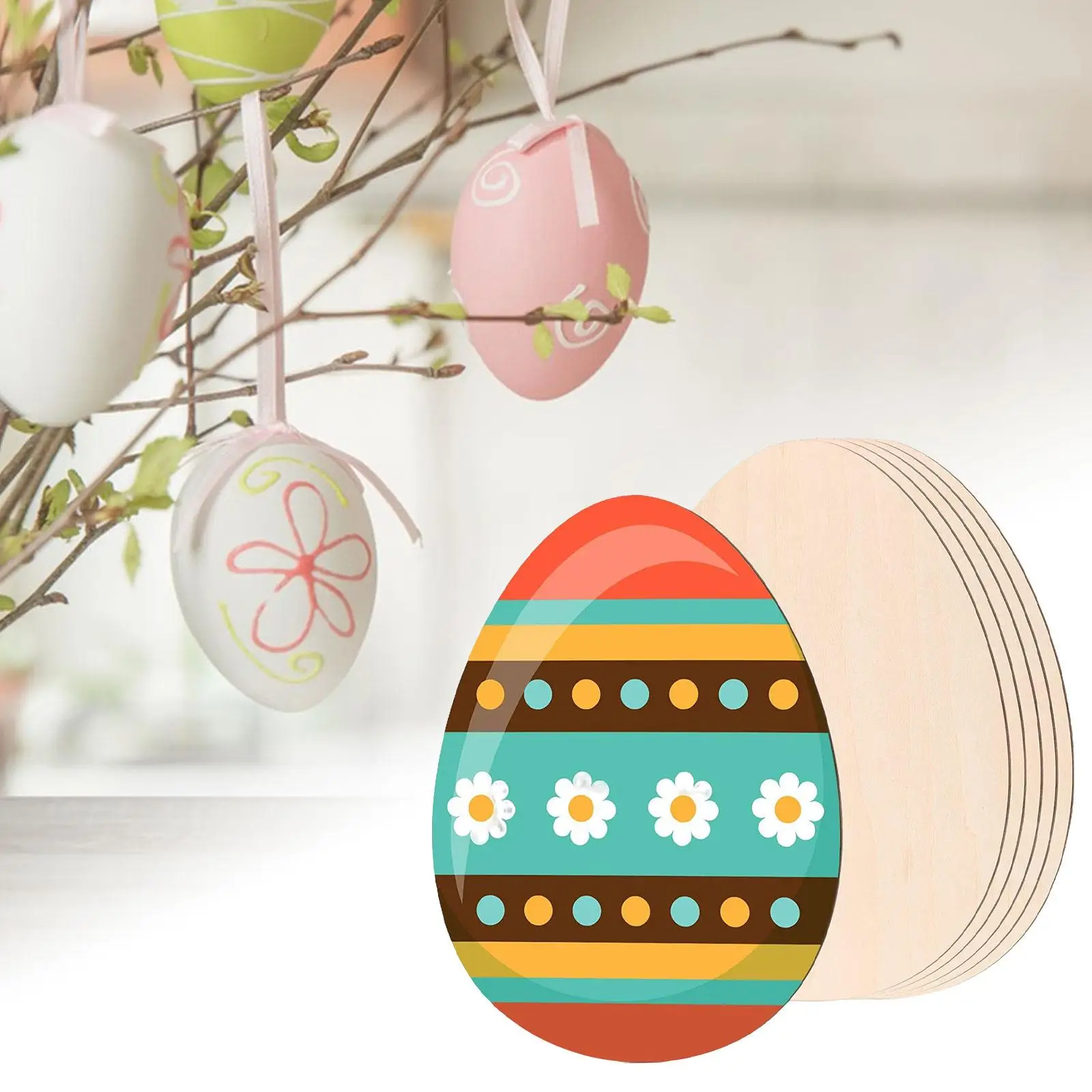 6Pcs Wooden Easter Egg for Kids Painting Wood Discs Slices Egg Shapes Blank