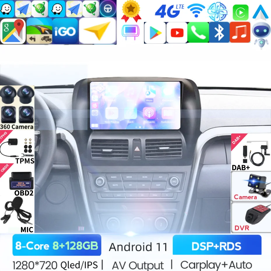 Автомобильный мультимедийный проигрыватель WiFi BT Android 8 ядер + 128G стерео радио для