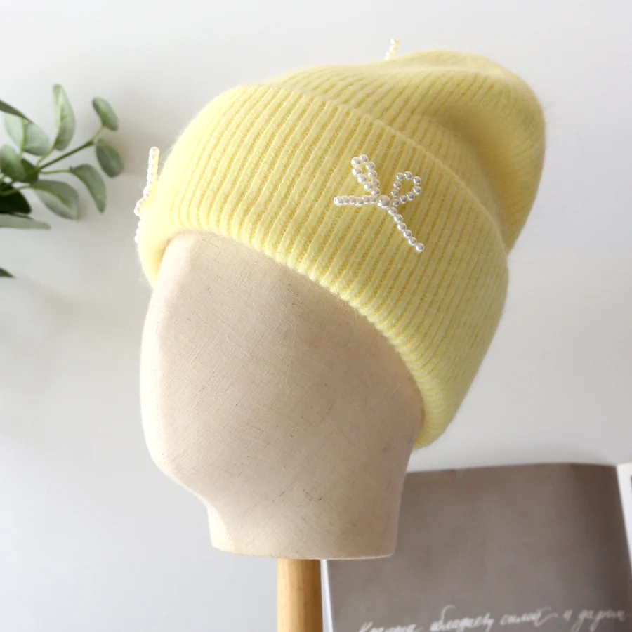 Новые корейские вязаные шапки с бантом и жемчугом зимняя шапка из Ангорского