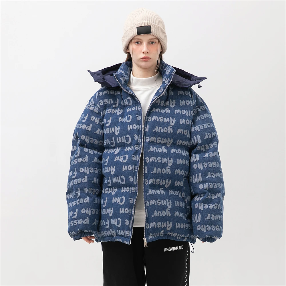 Autumn Winter Denim Cotton Jacket Warm Women Clothes Full Letter Printing Fashion High Street Coats Hip Hop Trend Cotton Jackets