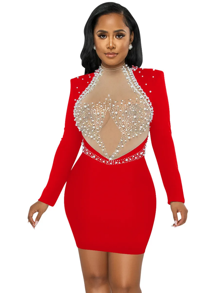 

2022 Fashion Sexy Night Club Pearl Diamond Mini Bodycon Dress Women See Through Mesh Patchwork Backless Long Sleeve Short Dress