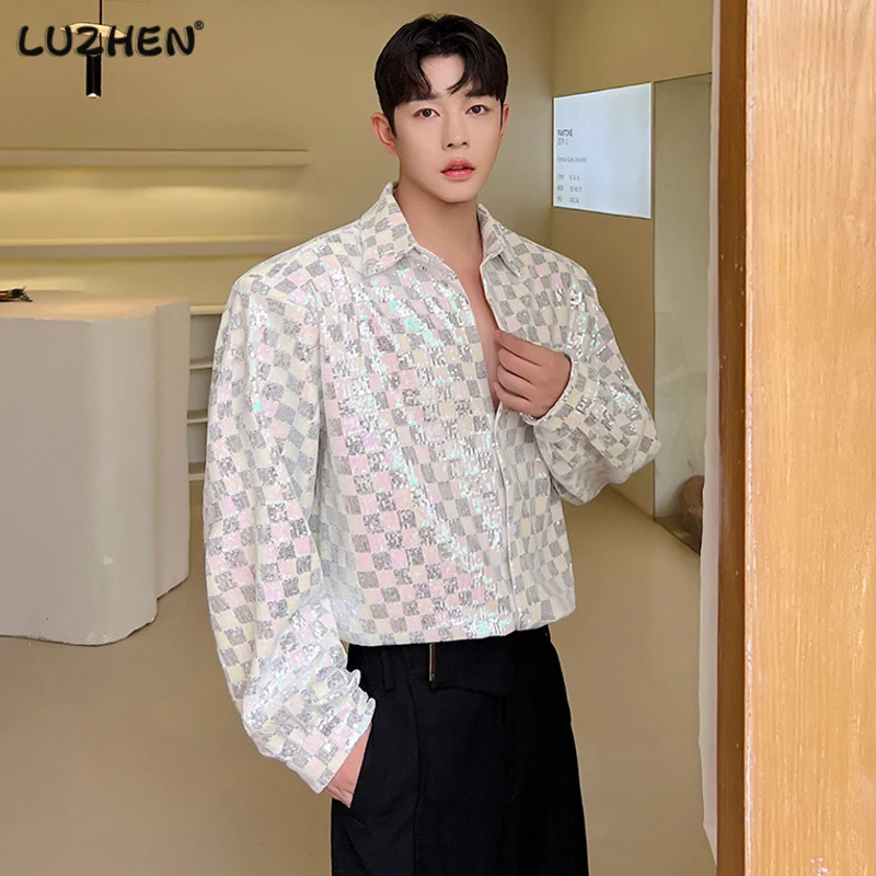 

LUZHEN Fashion Korean Elegant Temperament Checked Glossy Design Shirts Men's Casual Tops 2023 Autumn New Trendy Clothes 70fd60