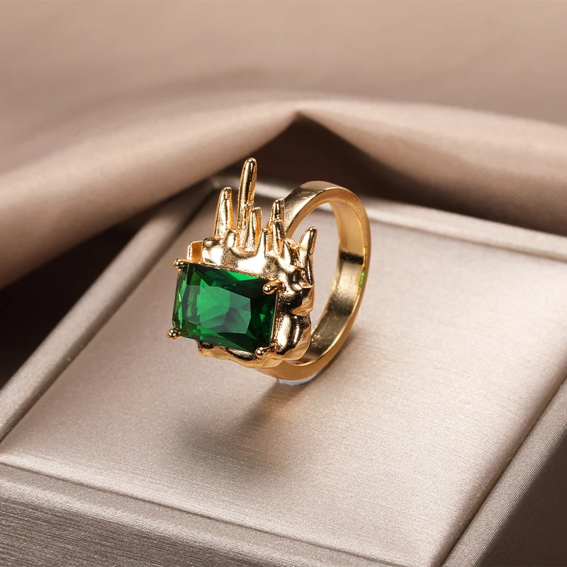 

Luxury Green Stone Ring For Women Vintage Gold Square Crystal Finger Ring Wedding Party Jewelry Anniversary Gift