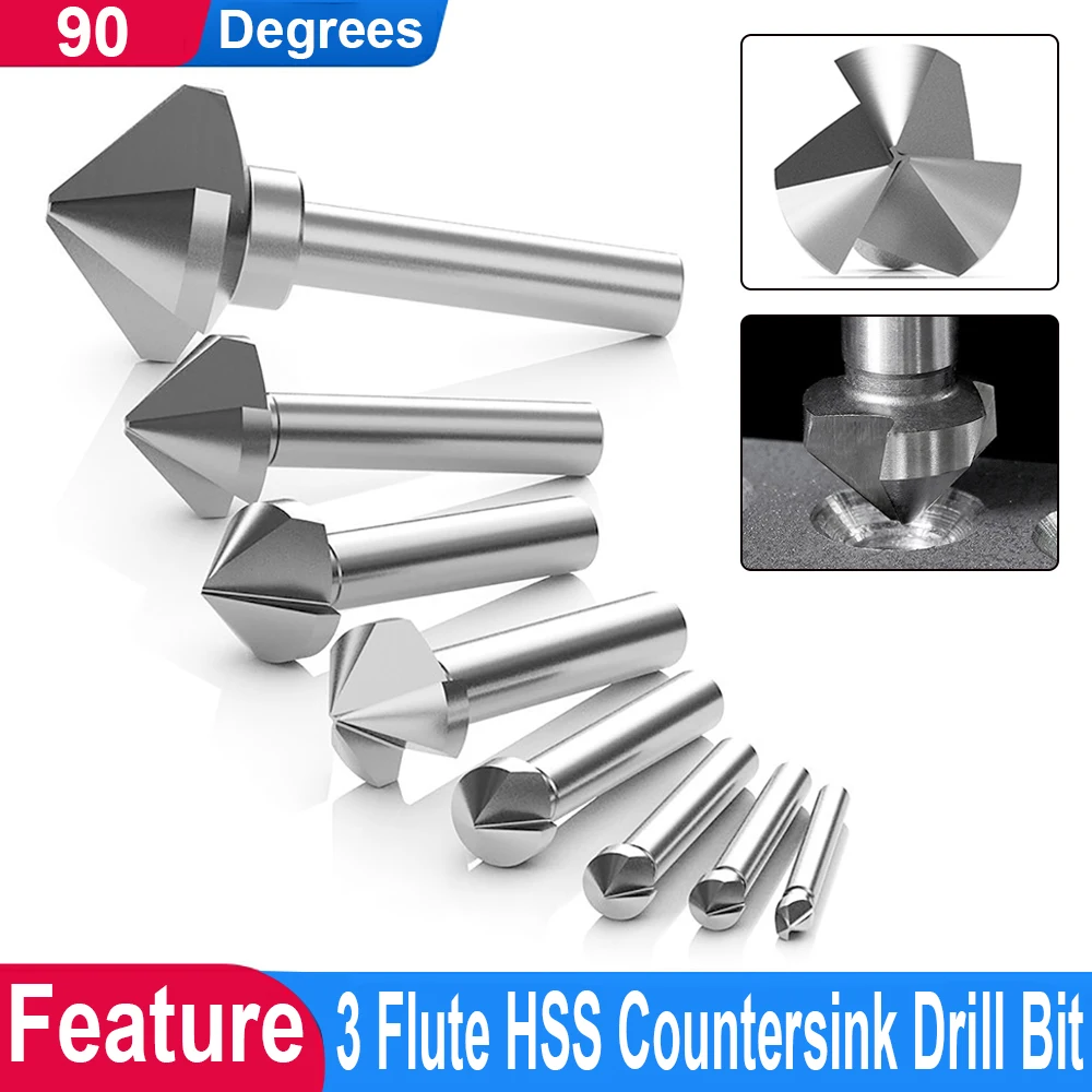 

90 Degree HSS Chamfering Metal Milling Tool 3 Flute Cutter Countersink Drill Bit 4.5mm-30mm for Stainless Steel Aluminum Alloy