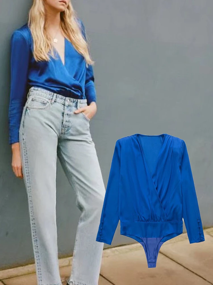 

2022 Women Fashion Solid Color Snap-button Soft Touch Bodysuits Vintage V Neck Long Sleeve Leisure Female Playsuits Mujer