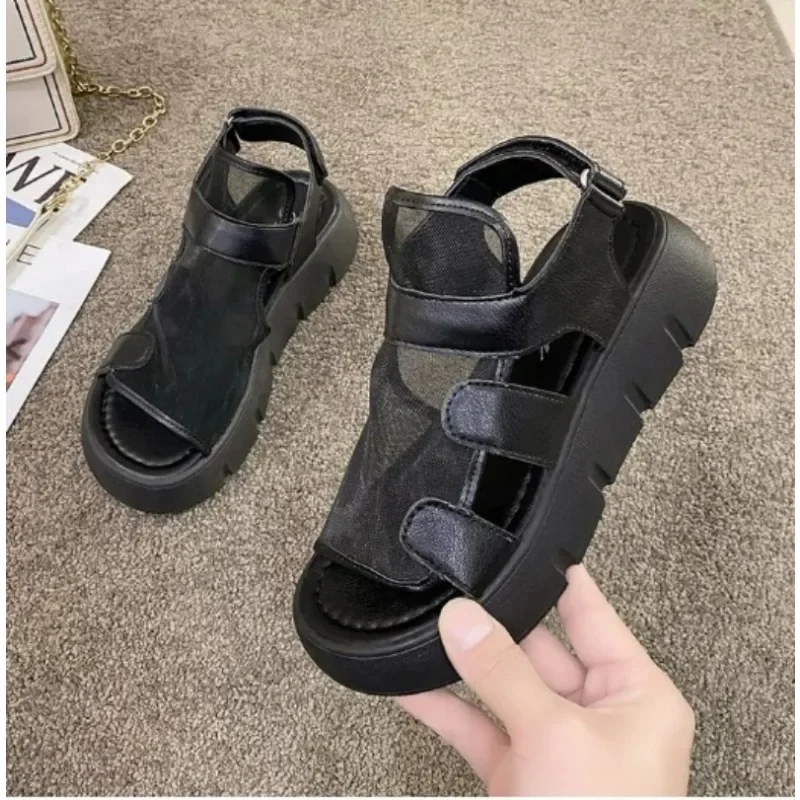 Женские Дышащие Сандалии На Толстой Подошве С Застежкой-липучкой Из Сетчатой