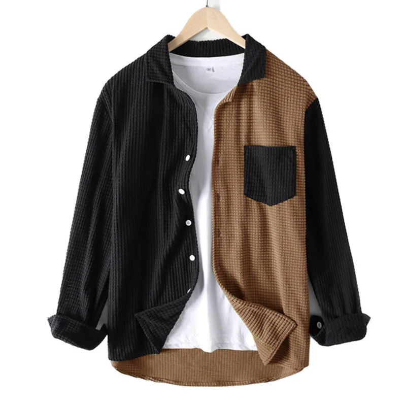 

Casual Mens Button Up Shirt Corduroy Two Tone Patchwork Preppy Lapel Long Sleeve Shirts With Pocket Shacket