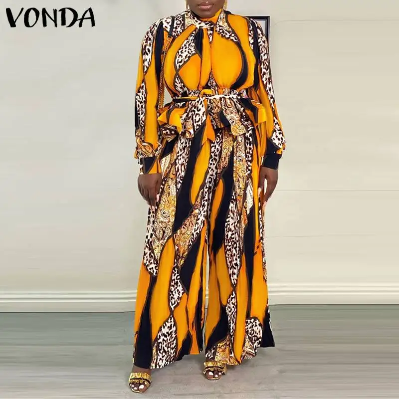 

Ladies Y2K Women Sets 2022 VONDA Spring Long Sleeve Mock Neck Printed Blouse And Wide Leg Long Trousers 2pcs Sets Ropa De Mujer