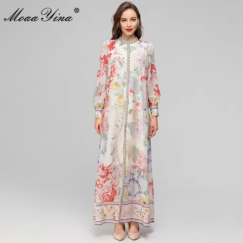 MoaaYina, модное дизайнерское летнее элегантное женское платье, платья с длинным рукавом и цветочным принтом