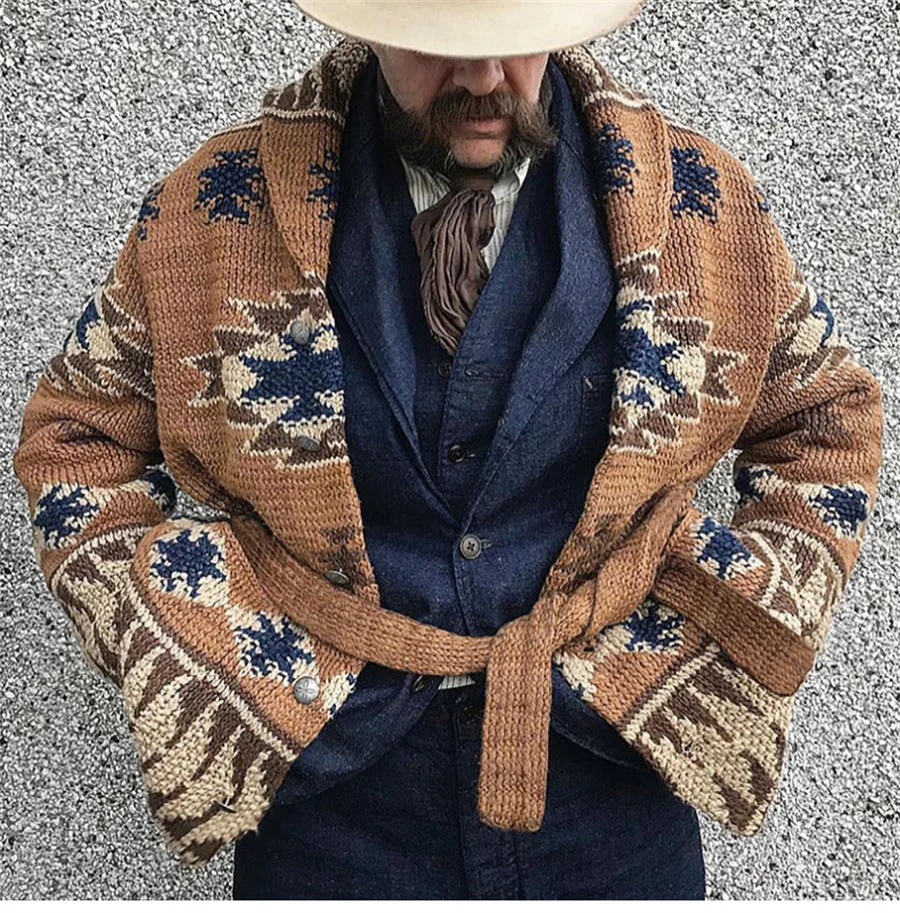 2024 винтажный мужской жаккардовый свитер повседневный толстый кардиган с
