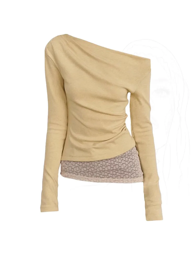 Желтые модные тонкие футболки с круглым вырезом женские сексуальные кружевные