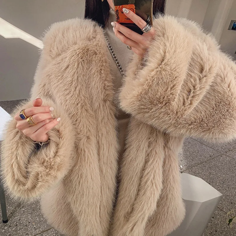 HOUZHOU Faux Fur Coat Winter 2022 Luxury Elegant Fashion Suit Collar Thick Warm Faux Fox Fur Cardigan Medium Length Fluffy Coat