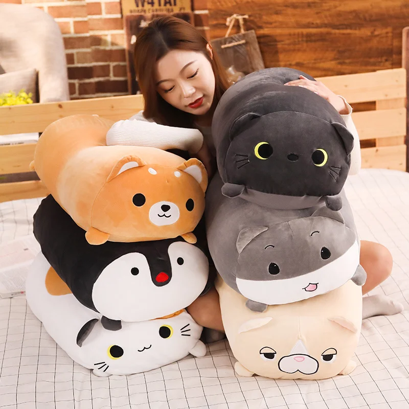 

Long Animals Plush Toy Stuffed Squishy Animal Bolster Pillow Dog Cat Shiba Inu Penguin Cylindrical Plushie Toy Sleeping Friend