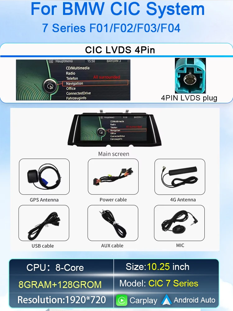 

10,25-дюймовая система Android 13, беспроводной Carplay AUTO для BMW 7 серии F01 F02 CIC NBT, автомобильные мультимедийные видеоплееры, стерео GPS Navi SWC