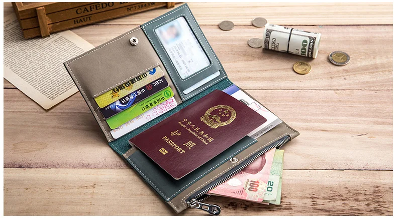 Passport bag leather men's and women's security travel wallet multi-function bag zipper ultra-thin ticket clip documentation