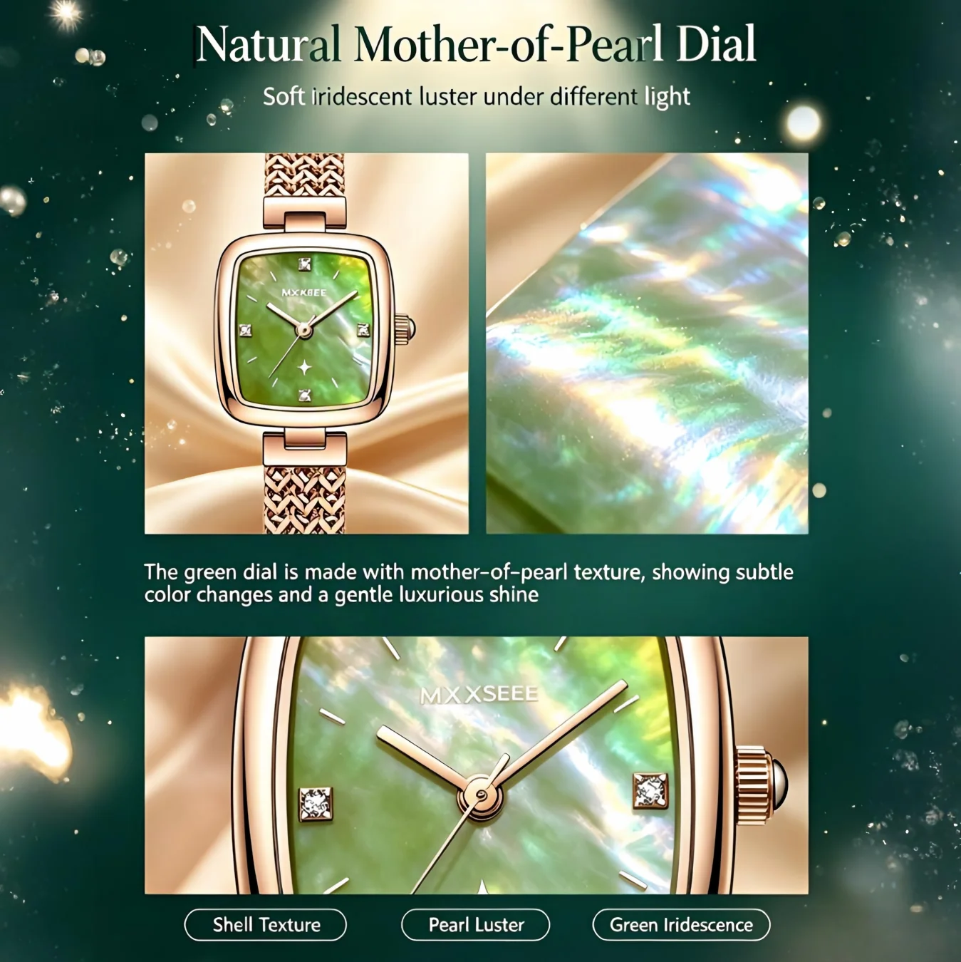 Фото Роскошные женские наручные часы квадратной формы в розовом золоте с циферблатом из натурального перламутра, браслетом из нержавеющей стали, модные кварцевые часы для женщин. №3