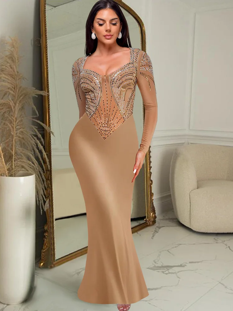 Beyprern женское длинное платье макси с украшением кристаллами гламурное сетчатое