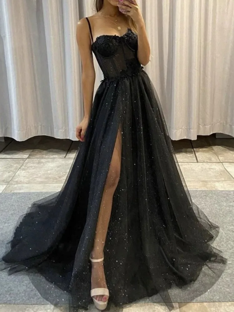 

French Sexy Slim Waist Solid Eveing Dresses Simple Split Feminino Mesh Tierd Wedding Party Vestidos Split Temperament Prom Dress
