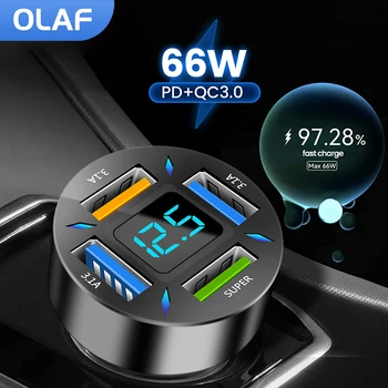 Olaf 4 Ports 66W Car Charger Fast Charging PD Quick Charge 3.0 USB C Car Phone Charger Adapter For iPhone Xiaomi Samsung Huawei 1