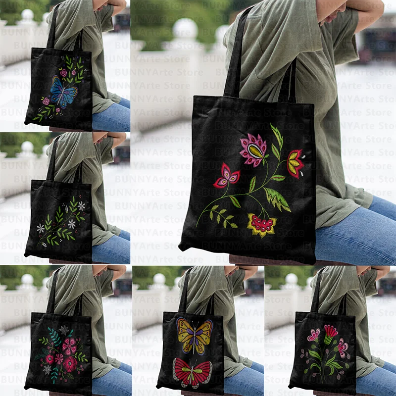 

Various Beautiful Flowers Dark Handbags Made for Woman Go To Supermarket Shopping Bags Recycling Tote Bags Fashion Cloth Bags