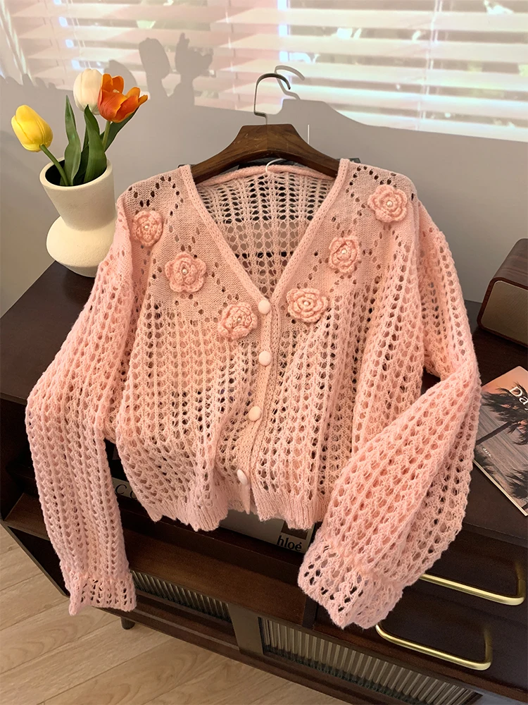 

Women's Pink Cardigan Knitted Sweater Harajuku Korean Fashion Vintage Y2k 90s Aesthetic Hollow Out Jumper Sweaters 2000s Clothes