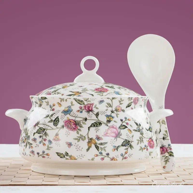 

9 Inch, Bone China Tureen for Food Storage, Classice Dinner Serving Bowl, Porcelain Food Box Tureen, Large Bowl for Soup Ceramic