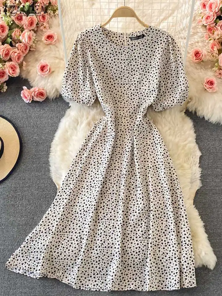 

Women Heart Printed Sundress ZANZEA French Elegant Maxi Dress 2022 Summer Puff Sleeve Vestido Casual Party Swing Kaftan Oversize