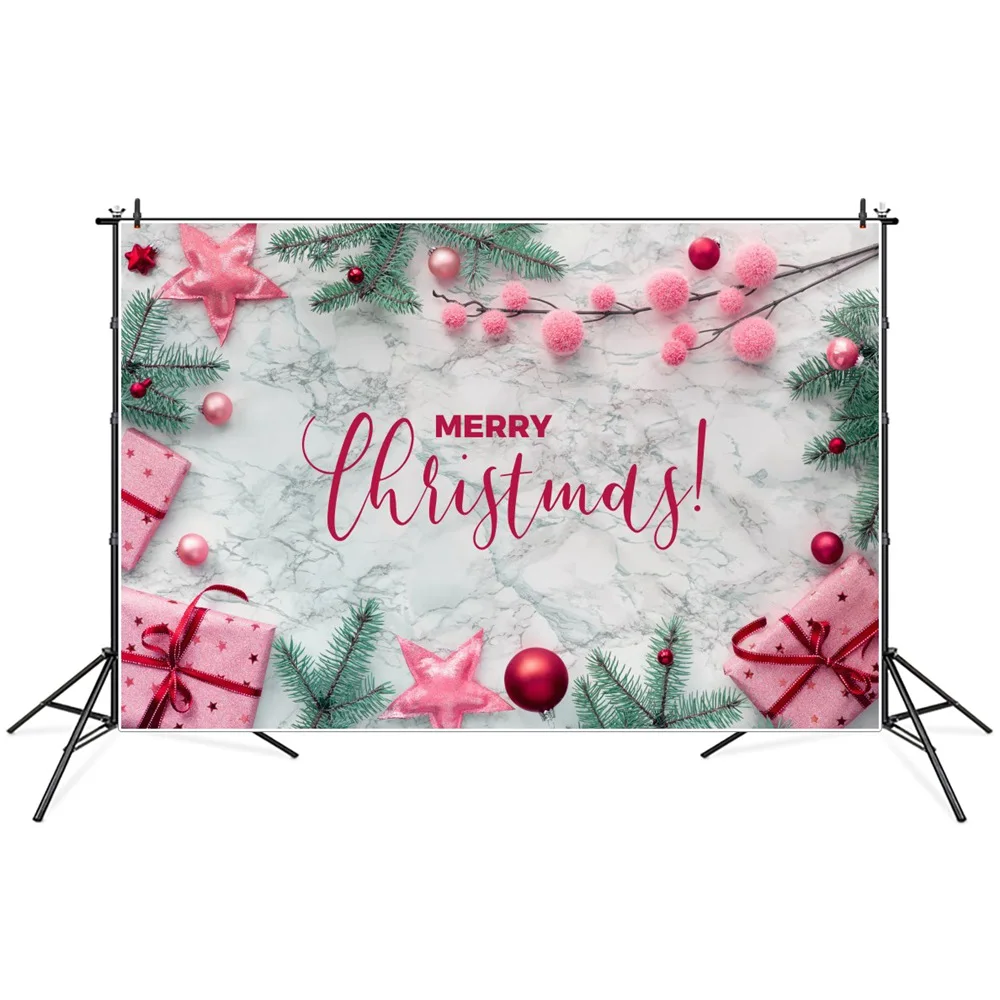 

Merry Christmas Gifts Pine Ball Twigs Marble Texture Photography Backgrounds Banner Custom Baby Party Decoration Photo Backdrops
