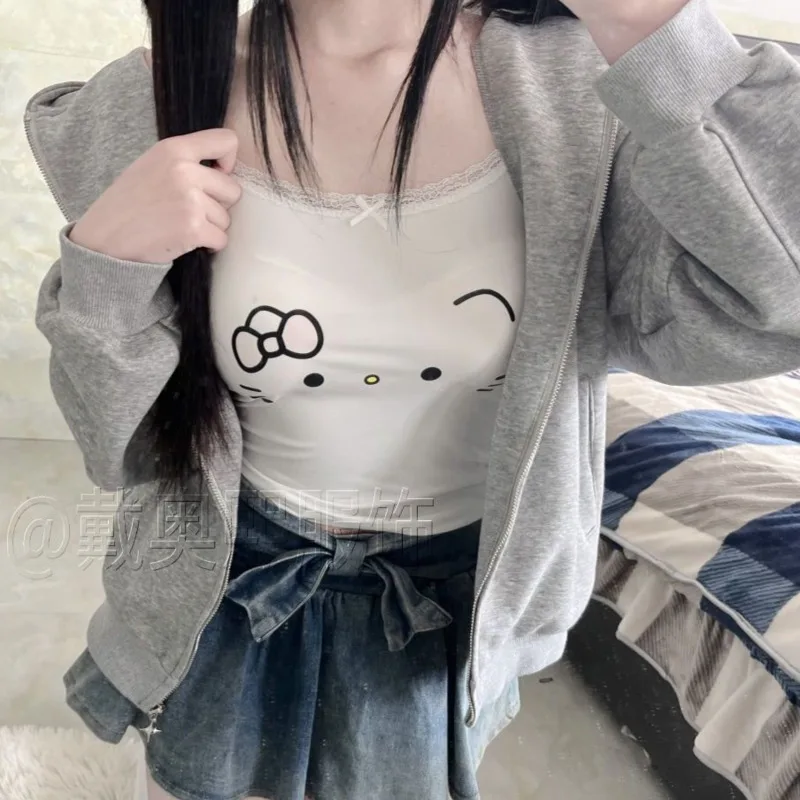 Cute Slim Fit Camis Tops for Women Hello Kitty White Express Printed Tank with Lace Soft Camisole Vest Sexy Short Clothes