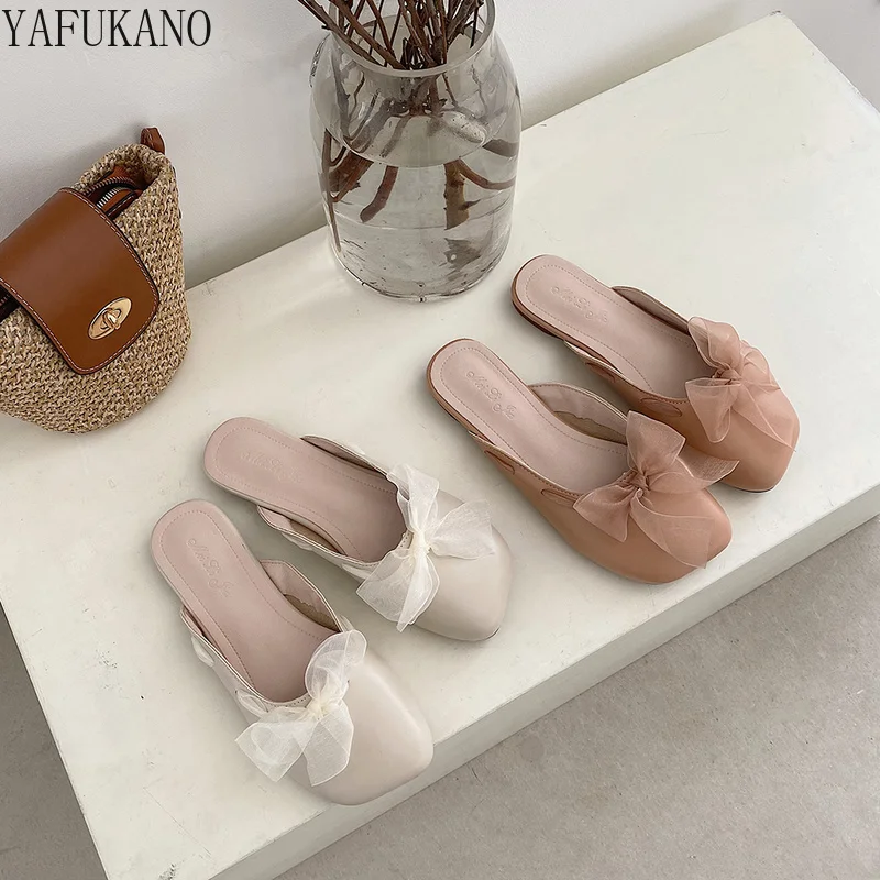 

Girl Bow Baotou Slippers 2022 Summer New Fashion Outdoor Retro Soft Bottom Mules Shoes Fairy Style Women Sandals